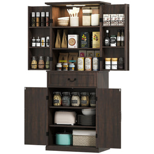 Country style storage unit with door shelves and LEDs, aged brown