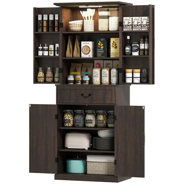 Country style storage unit with door shelves and LEDs, aged brown