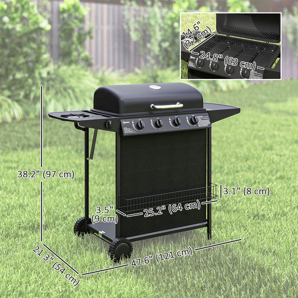 4-burner propane gas barbecue with side burner, thermometer, black