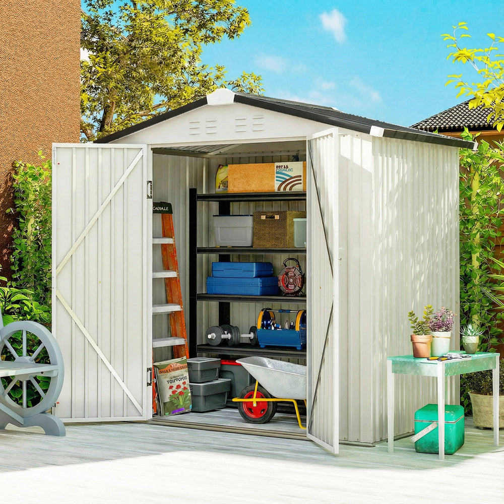 Metal garden shed, 1.98 m x 1.22 m, with lockable double door and 4 vents, silver-white.