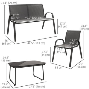 4-piece furniture set with 2 stacking chairs, a loveseat, a patio lounge and a glass coffee table, black