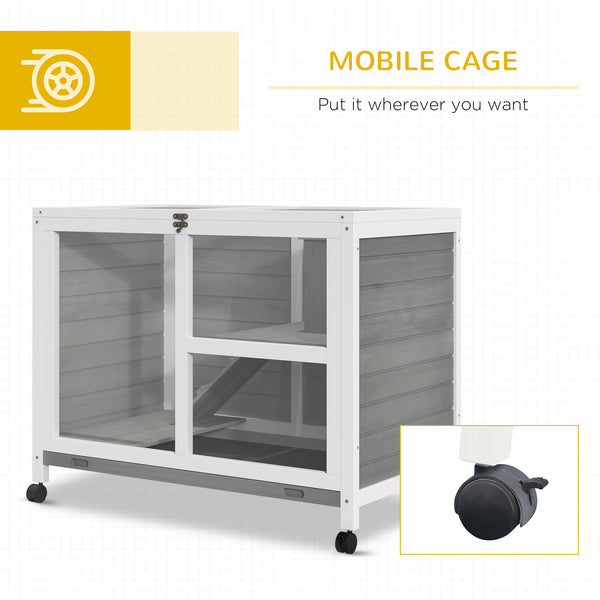 Indoor Rabbit Hutch with Wheels, Bunny Cage Guinea Pig House W/ Top Access, Ramp, Pull Out Tray, Grey