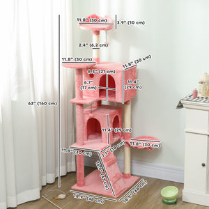 160cm Cat Tree with Sisal Scratching Posts, Cabins, Plush Perches, Hammock, Pink