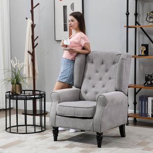 Modern fabric upholstered accent chair with wooden legs and rolled arms, gray