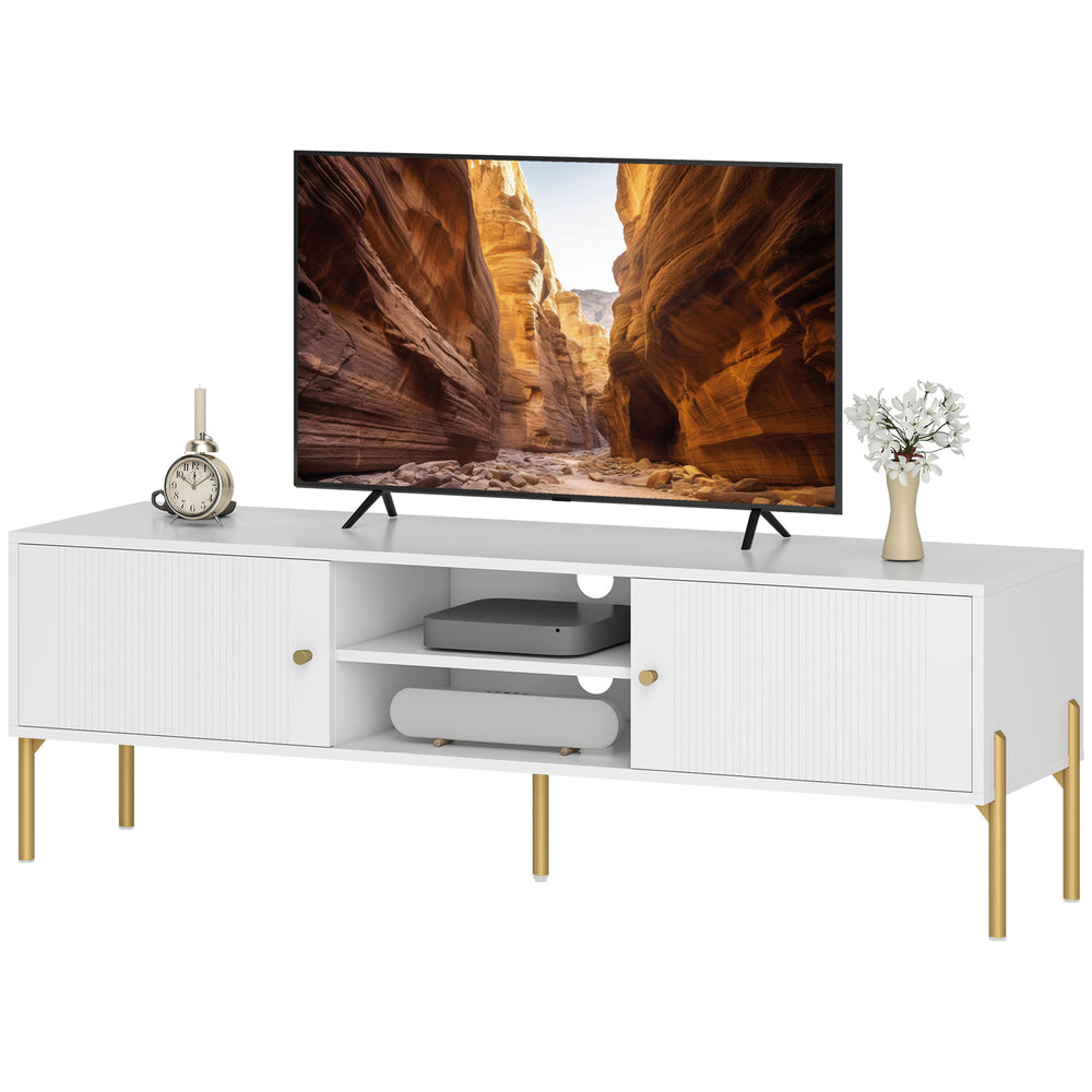 TV stand for TVs up to 65 inches with 2 open shelves, 2 cupboards and steel legs, white