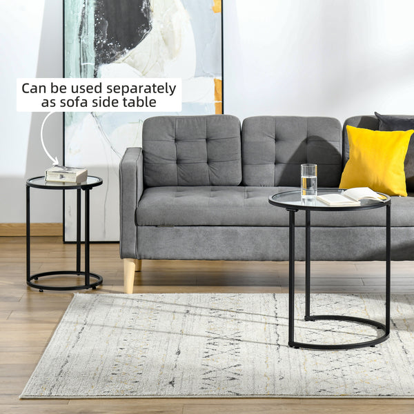 Set of 2 round side tables with tempered glass top, black