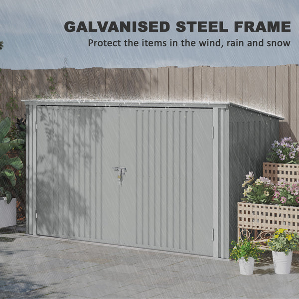 Garden shed with 3 bin compartments, double lockable door and hinged lid, silver grey 
