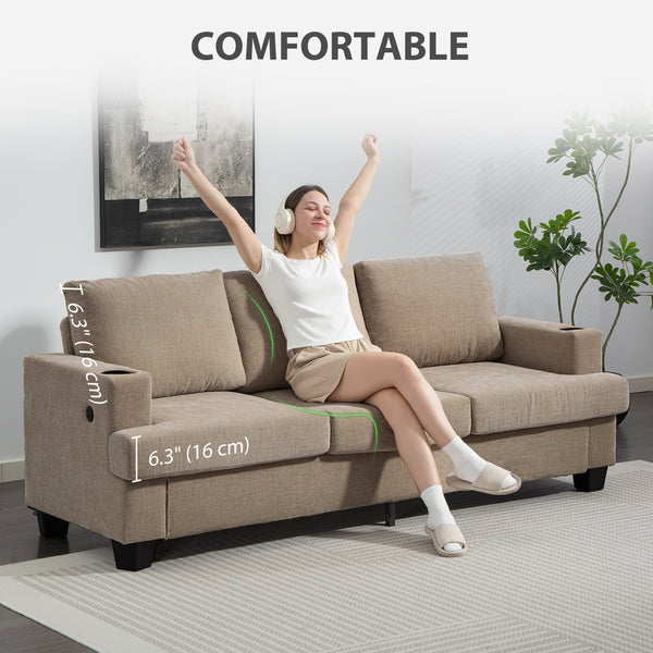 3-seater sofa with USB ports and cup holders, light brown