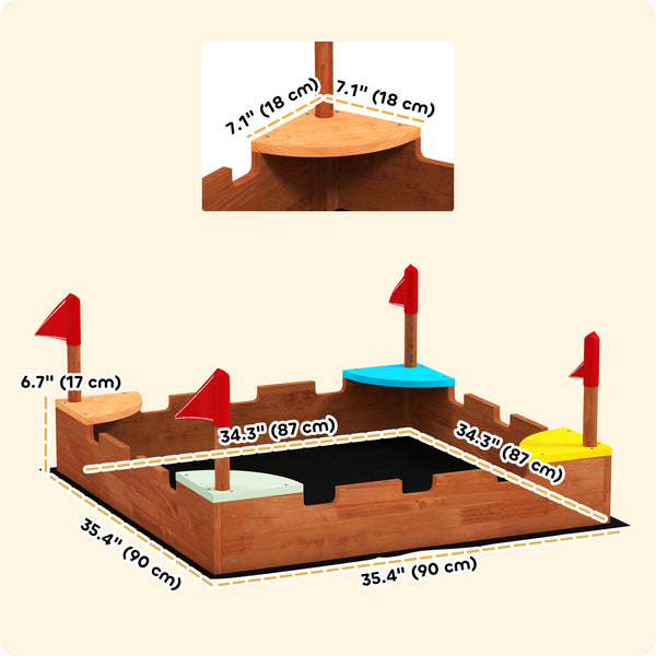 Wooden sandbox with flags, 4 built-in colorful corner seats, brown wood