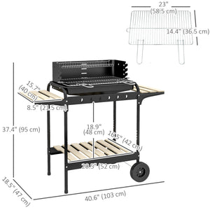 Height-adjustable charcoal barbecue with ash catcher and wheels, black