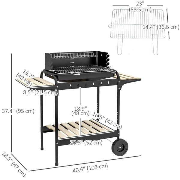 Height-adjustable charcoal barbecue with ash catcher and wheels, black