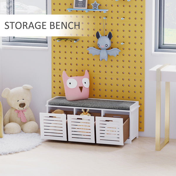 Padded storage bench with cushion and 3 drawers, white
