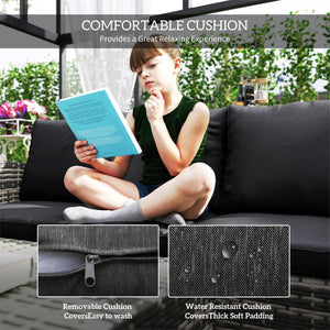 6 Piece Wicker Garden Furniture Set with Cushions, Coffee Table and Side Table, Black