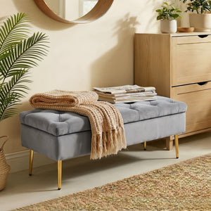 Ottoman storage bench, velvet tufted seat and gold legs – Gray and gold