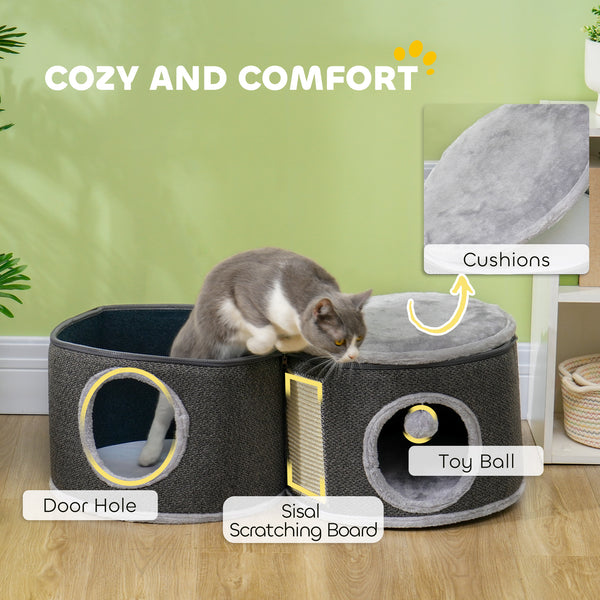 Two-story cat tree with perch, two hiding places, scratching post, cushions, play balls, dark gray