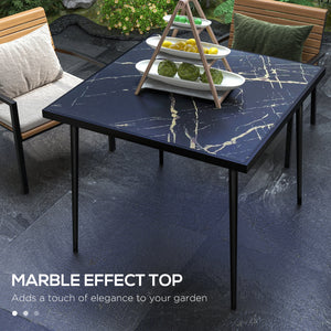 Outdoor dining table with tempered glass top with marble effect, black