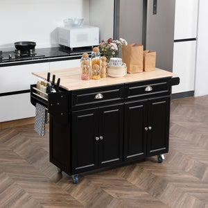 Rolling kitchen island with drop leaf, rubberwood top and adjustable shelves, black