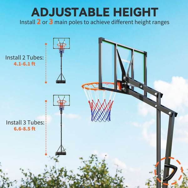 Adjustable basketball hoop from 1.25 to 2.60 m with unbreakable backboard