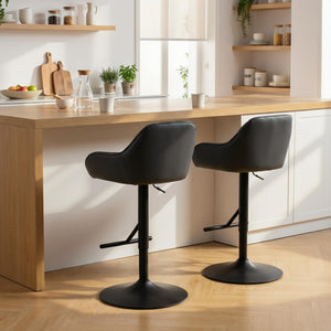 Set of 2 swivel bar stools, counter height, with backrest, footrest, armrests and adjustable height, black.
