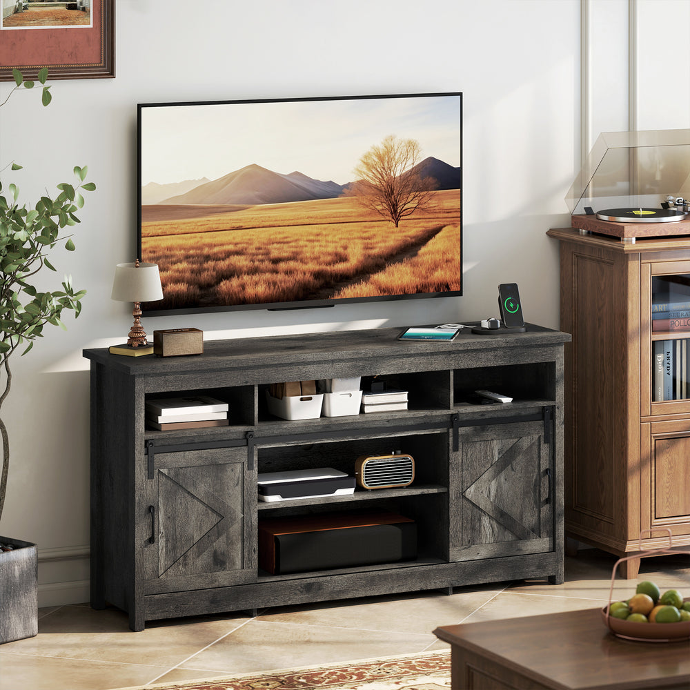 TV cabinet with power outlets, sliding doors and adjustable shelves, dark grey