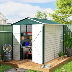 Outdoor garden shed with sloping roof, lockable door, green