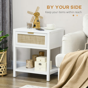 Bohemian bedside table with rattan drawer and open shelf
