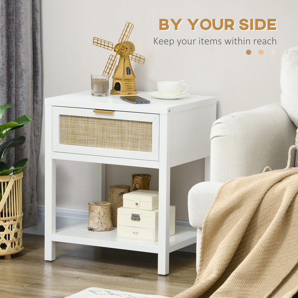 Bohemian bedside table with rattan drawer and open shelf