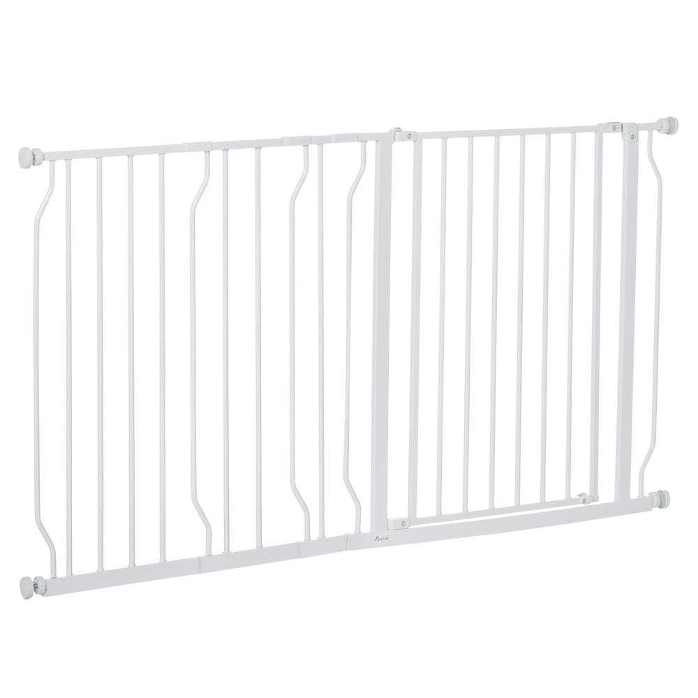White pet gate with door and double locking system