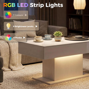 LED Coffee Table with Storage, High Gloss with 2 Drawers and Remote Control for Living Room, White