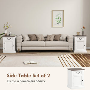 Set of 2 side tables with drawer and cupboard, white.