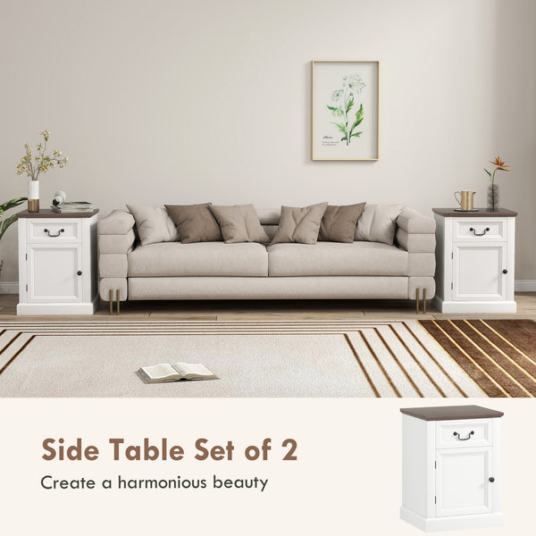 Set of 2 side tables with drawer and cupboard, white.