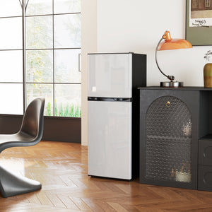 Double Door Mini Fridge with Freezer, 4.6 cu. ft., Thermostat, Shelves, Reversible Door, Silver