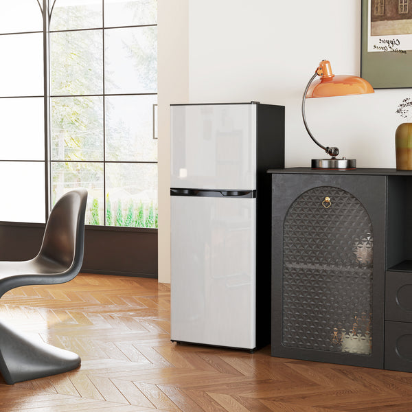 Double Door Mini Fridge with Freezer, 4.6 cu. ft., Thermostat, Shelves, Reversible Door, Silver