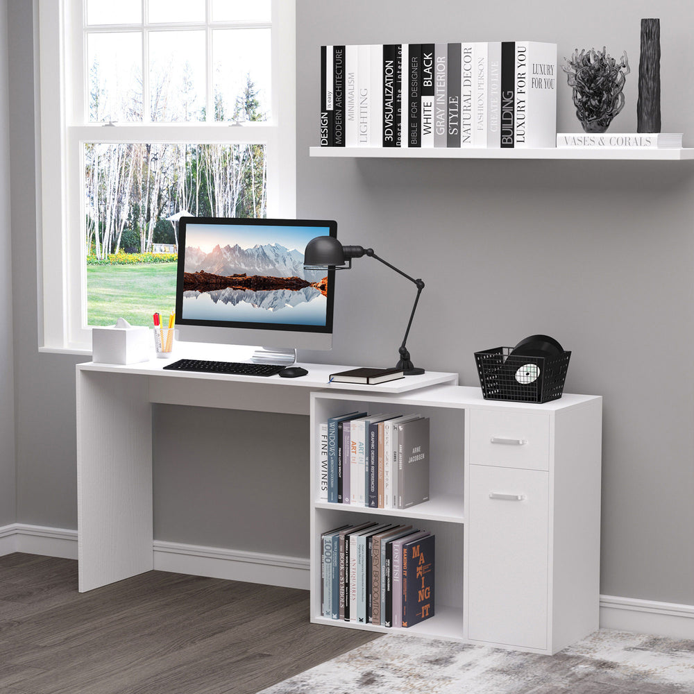 180° Swivel Corner Desk with Storage Shelf, White
