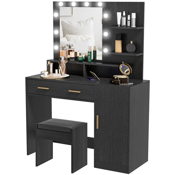 LED Lighted Dressing Table with Stool, Drawer and Shelves, Black 