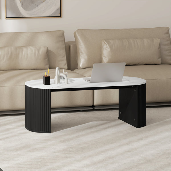 Modern marble effect coffee table with rounded corners and thick legs, black