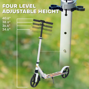 Scooter with adjustable height, rear brake, large 20 cm wheel, foldable, white