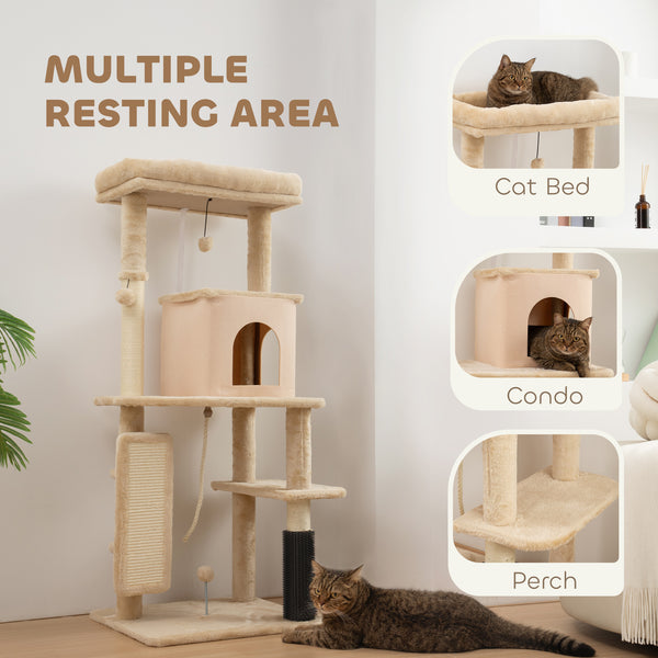 132cm Cat Tree with Scratching Posts, Basket, Kennel and Grooming Brush, Beige