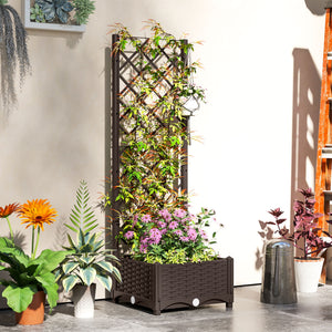 Raised Garden Bed with Trellis, Plastic Raised Bed with Drainage Holes and Drainage Plugs