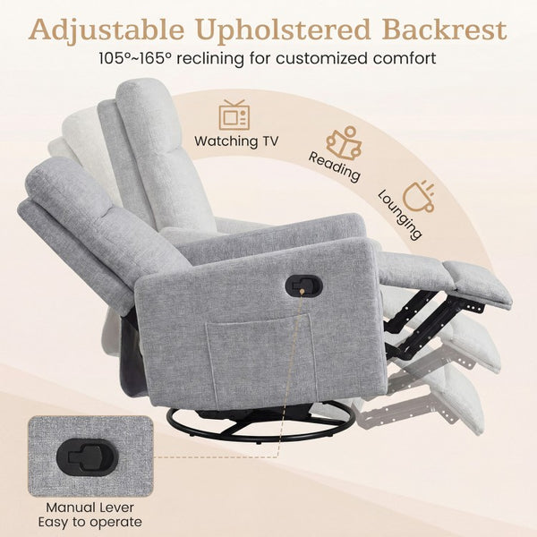 360° Swivel Rocker Recliner with Upholstered Back, Gray