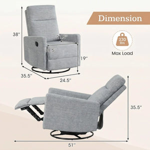 360° Swivel Rocker Recliner with Upholstered Back, Gray