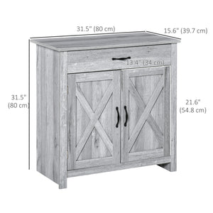 Farmhouse style buffet with barn-style sliding doors, distressed gray finish