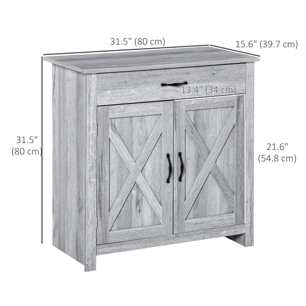 Farmhouse style buffet with barn-style sliding doors, distressed gray finish