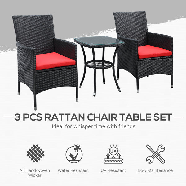 3 Pieces Wicker Patio Furniture Set, Rattan Bistro Set with Glass Top Coffee Table and Cushions, Outdoor Conversation Set for Garden, Porch, Balcony, Red