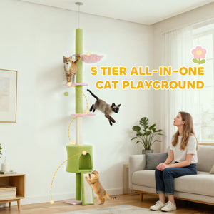 221-241cm Floor-to-Ceiling Cat Tree with Scratching Post, Condo &amp; Hammock, Green