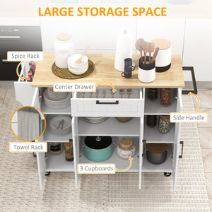 Modern Rolling Kitchen Island with Drawers, Natural Wood Top, Towel Rack and Storage Cabinet, White