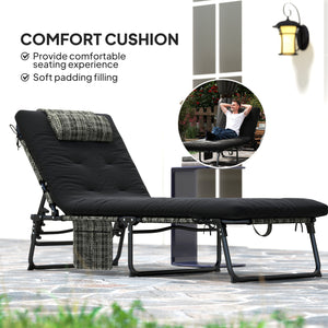 Folding lounge chair with 4-level reclining backrest and cushion, black