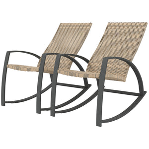Set of 2 Rattan Rocking Chairs with High Back and Armrests, Khaki