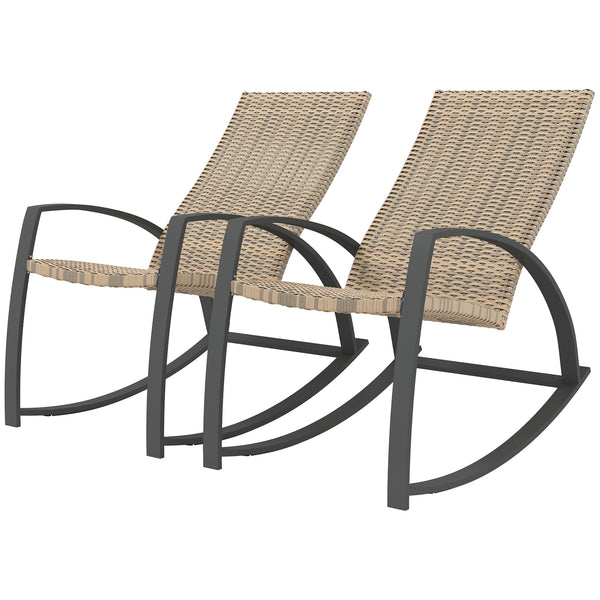 Set of 2 Rattan Rocking Chairs with High Back and Armrests, Khaki