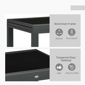 Extendable garden table with aluminum frame and tempered glass top, black